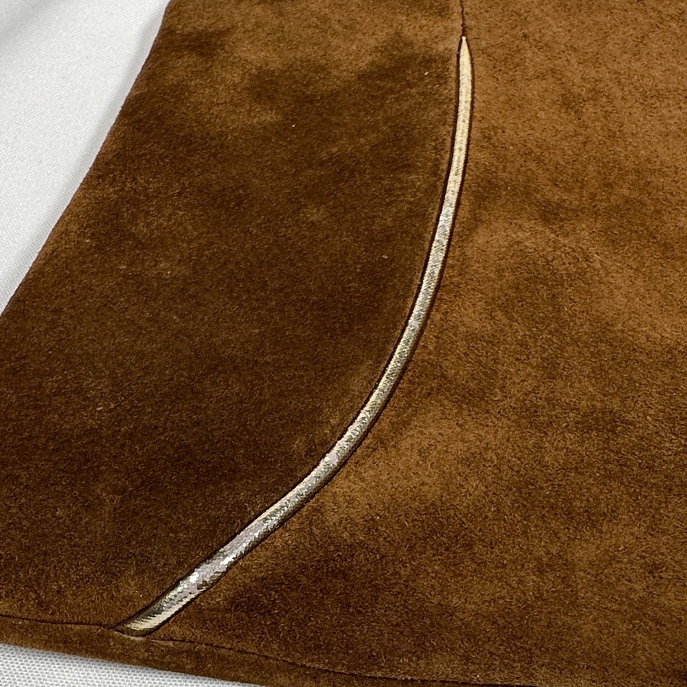 Brown Suede & Leather Zippered Clutch Bag with Gold Front Line Italy Vintage - Picture 7 of 8